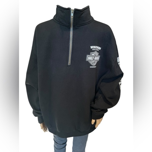 Harley Davidson Sweatshirt Mens Black L Motorcycle 1/4 Zip Skull Eagle Wisconsin - Picture 2 of 14